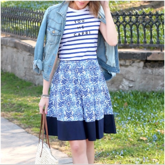 MILLY FOR DESIGNATION Skirt Pleated Stretch A-Line Boho Blue Tile Sizes S M - Picture 1 of 6